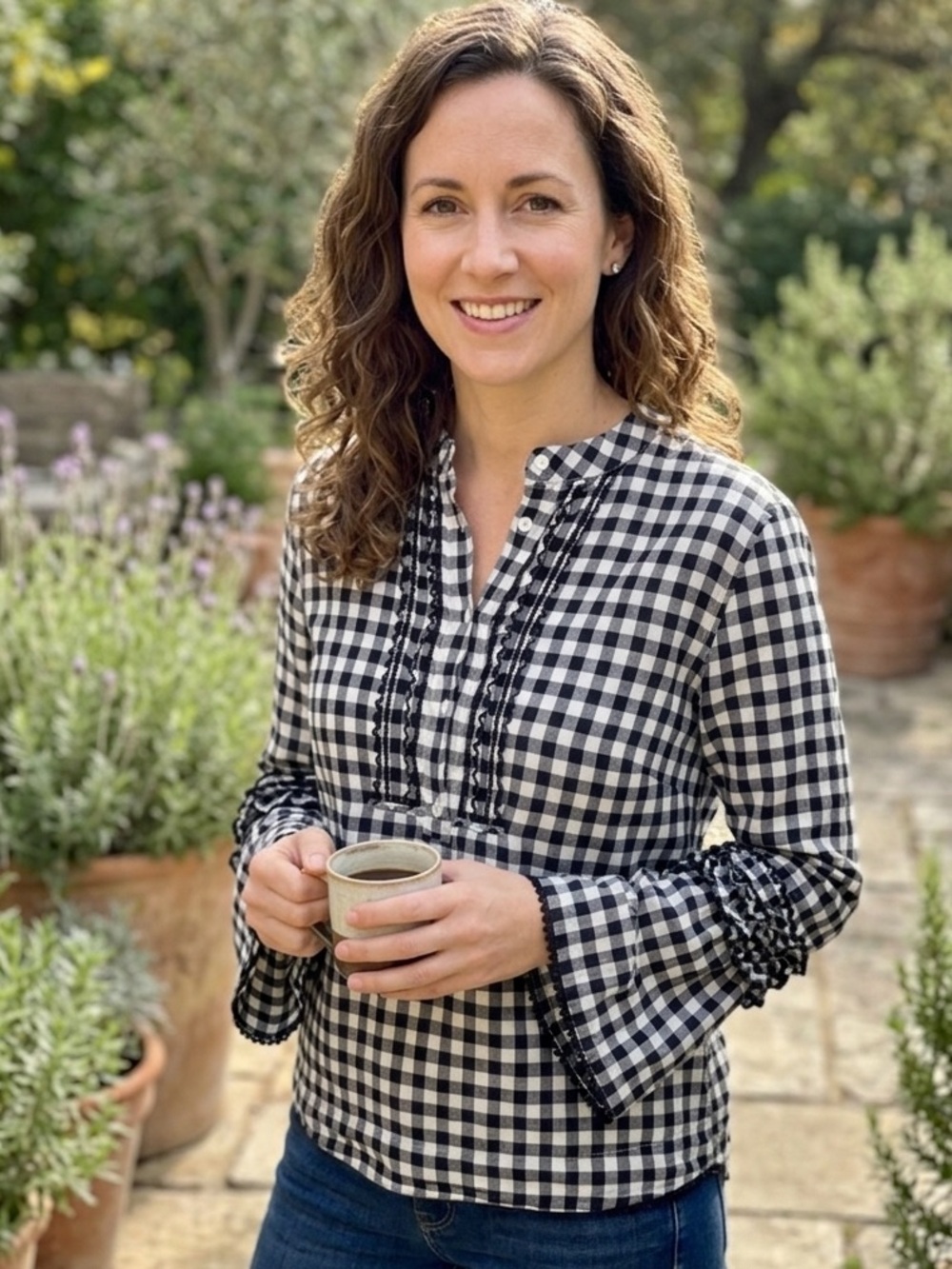 J. Crew Black and White Gingham Ruffle Sleeve Blouse